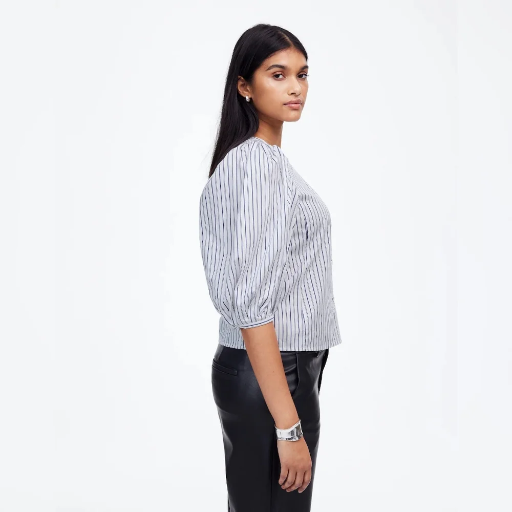 Madewell Puff Sleeve Cotton Button-Up Blouse Top Blue White Stripe Size 6